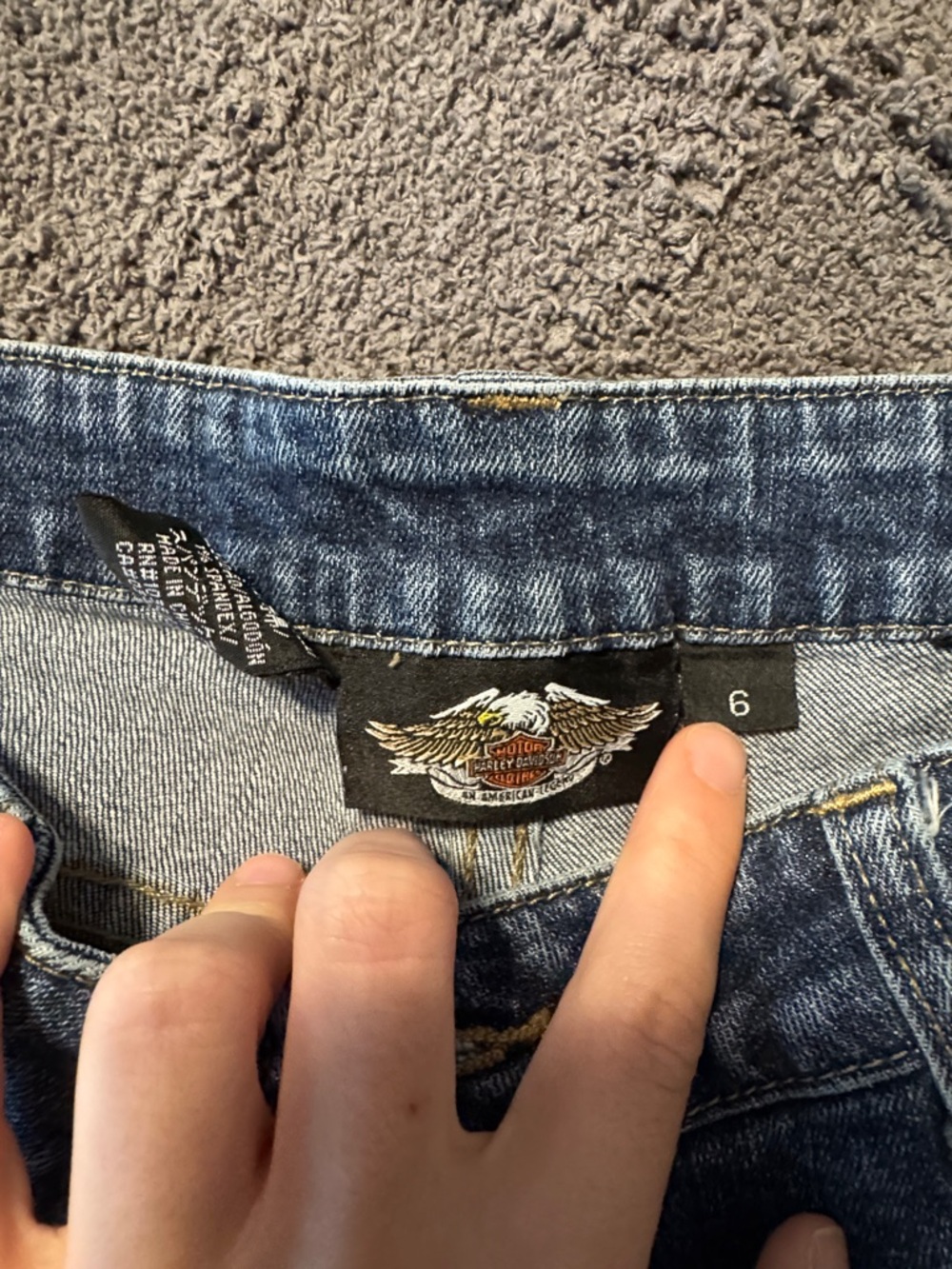 Harley-Davidson Dark Blue Denim Shorts with Gold Logo Wings - Picture 2 of 3